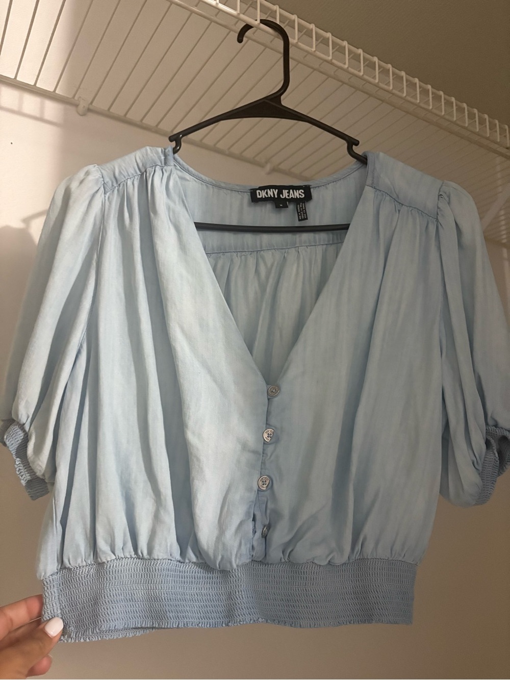 DKNY Light Blue Button-Front V-Neck Blouse